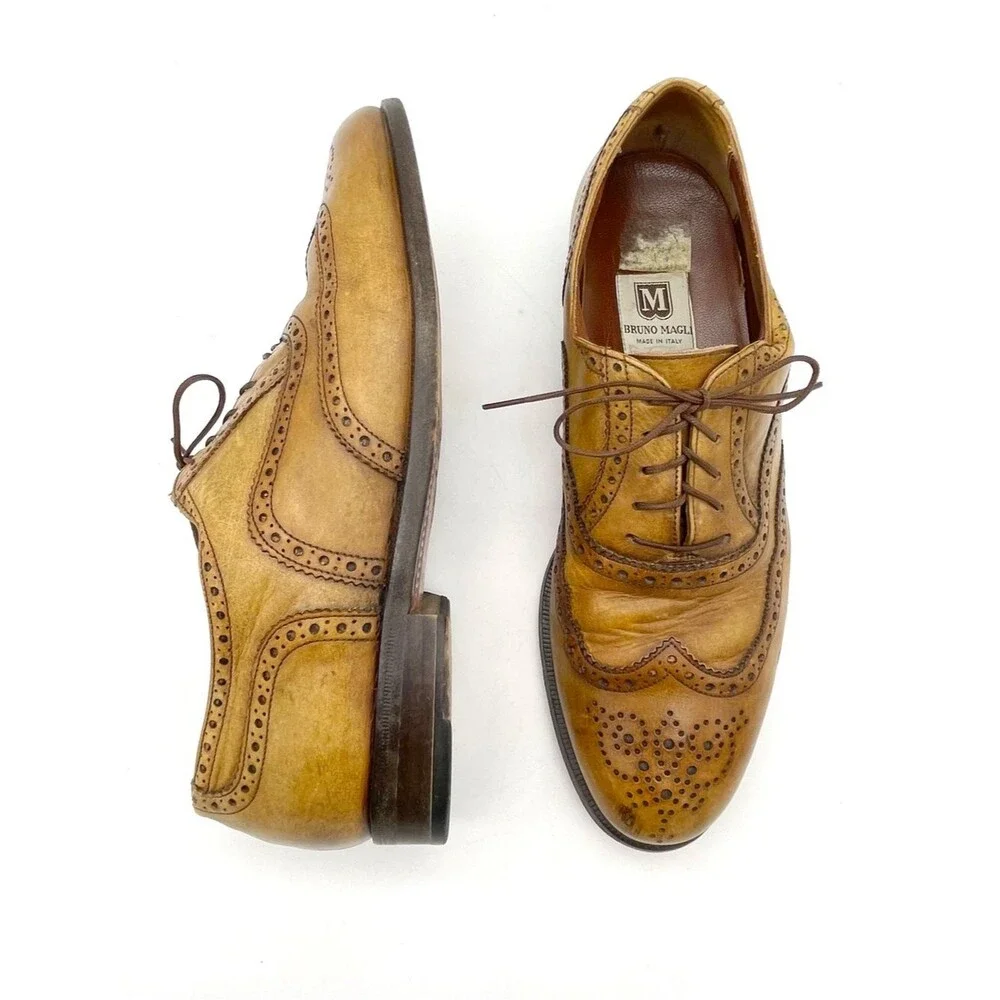 Bruno Magli Italy Tan Leather Wingtip Oxford Shoes Mens 9.5 M Brogue Lace Up VTG